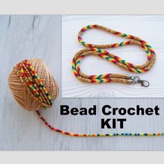 the bead crochet kit is next to a spool of thread and a ball of yarn