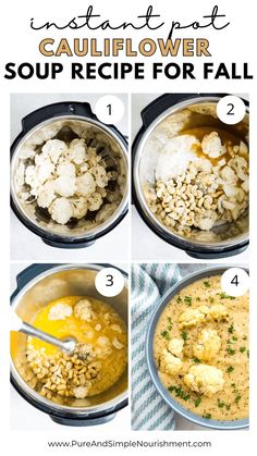 the steps to make cauliflower soup in an instant pot with text overlay