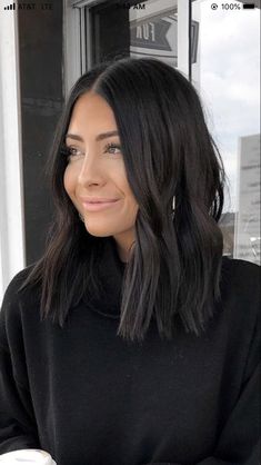 Black Hair On Brunettes, Dark Straight Medium Length Hair, Dark Brown Almost Black Medium Length Hair, Dark Midlength Hairstyles, Tia Booth Hair Short, Dark Hair Short Hairstyles, Brunette Hair Medium Length Haircuts, Cool Brown Black Hair, Dark Hair For Brown Eyes