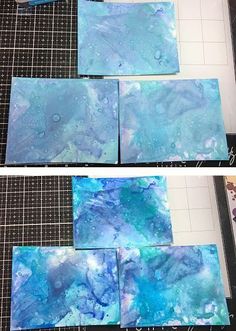 two pictures of blue and white marbled paper