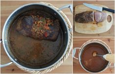 there is a pot with some meat in it and the other pictures show how to cook