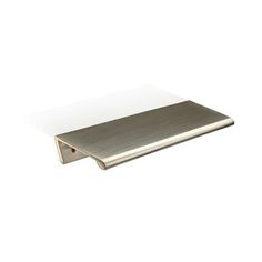 a metal shelf with a white top and silver trim on the bottom, against a white background