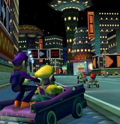 mario kart racing on the street at night with other characters in the city behind him