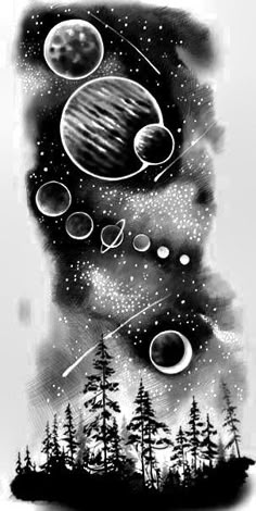 an artistic black and white drawing of planets in the sky with trees around them, surrounded by stars