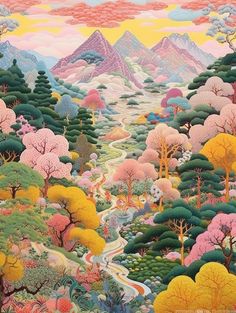 an image of a painting with trees and mountains in the background that is very colorful