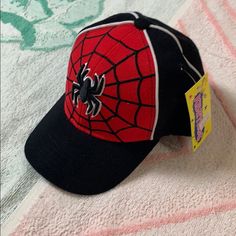 Brand New Spider Man Hat Size Infant Red Adjustable Themed Hat, Red Themed Cap Hat, Themed Red Cap, Themed Black Winter Hats, Fun Black Visor Hat, Fun Black Hat For Outdoor, Fun Black Outdoor Hats, Fun Black Outdoor Hat, Playful Black Baseball Cap With Curved Brim