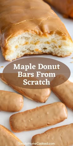 maple donut bars from scratch on a white surface with text overlay that reads maple donut bars from scratch