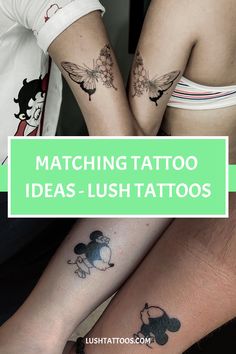 two people with matching tattoos on their arms and legs, one has a mickey mouse tattoo