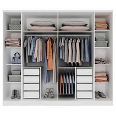 an organized closet with clothes and shoes