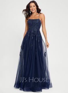 A-line Square Floor-length Tulle Prom Dresses (018287134) - JJ's House Dark Blue Prom Dresses, Modest Prom Dresses, Infinity Dress Bridesmaid, Dresses With Beading, Navy Prom Dresses, Tulle Prom Dresses, Navy Blue Bridesmaid Dresses, Winter Formal Dresses, Modest Prom