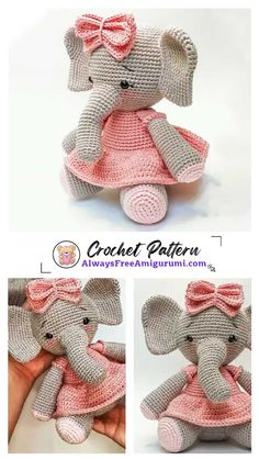 crochet pattern for an elephant doll with pink dress and bow on its head