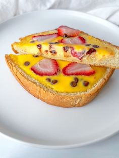 two pieces of bread with cheese and strawberries on it