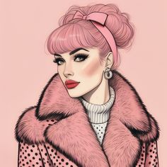 a drawing of a woman with pink hair wearing a fur coat and polka dot dress