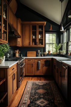 a kitchen with wooden cabinets and an area rug on the floor in front of it