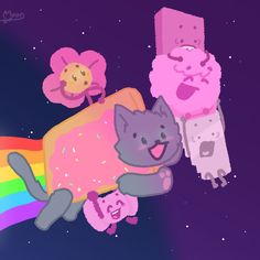 a cat is laying on top of a pillow with flowers in front of it and a rainbow behind it