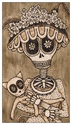 an image of a skeleton holding a cat with flowers on it's head and wearing a hat