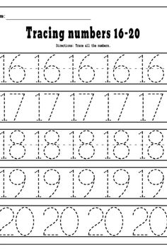 the worksheet for numbers 1 to 20 is shown in black and white with dotted lines