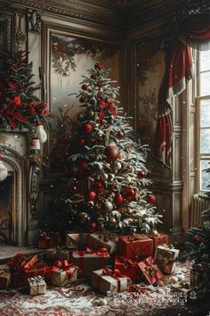 a decorated christmas tree sitting in front of a fire place with presents under the tree