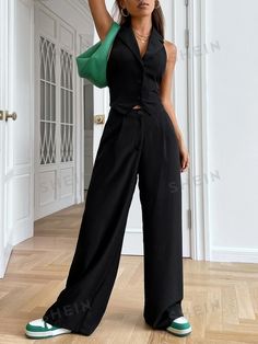 SHEIN EZwear Button Front Backless Waistcoat & Wide Leg Suit Trousers | SHEIN UK Style Tailored Pants, Outfits With Tailored Pants, Wide Leg Tailored Pants Outfit, Suit Trousers Outfit, Women Waistcoat Outfit, Summer Formal Outfit, 18th Dress, Waistcoat Outfits