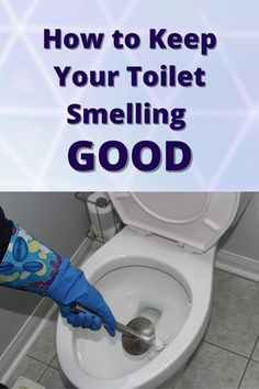 a person in blue gloves is cleaning a toilet with a plunger and the words, how to keep your toilet smelling good