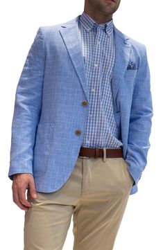 A tonal plaid adds a dapper appearance to this sharp sport coat, styled with a fancy patterned handkerchief that matches the internal lining. Front two-button closure Notched lapels Chest welt pocket Dual flap pockets Lined 55% linen, 45% rayon Dry clean Imported Model stats: 6'1" height, 32" waist. Model is wearing size 40R. Mens Sports Jacket Outfit, Linen Blazer Men, Blue Sport Coat, Linen Sport Coat, Blue Suit Jacket, Trendy Suits, Well Dressed Men