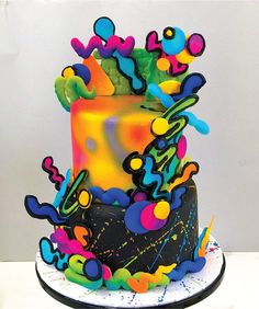 Neon 80s Cake - Sweet E's Bake Shop - The Cake Shop 80s Cake, Graffiti Party, Neon Cakes, Birthday Themes For Adults, Neon 80s, Glow Birthday Party, 90s Theme Party, 10 Birthday Cake, Glow Birthday