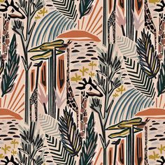 an abstract pattern with leaves and plants