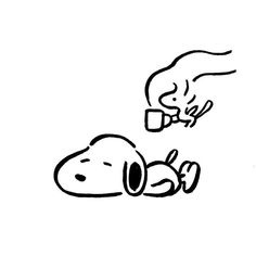 a black and white drawing of a dog laying on its side next to a human hand