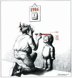 a cartoon depicting a man looking at a child in the mirror