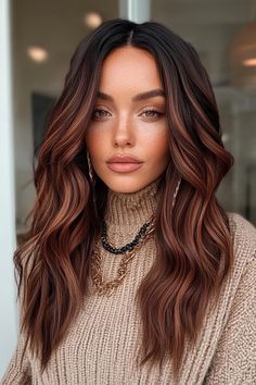 winter hair color, hair trends, hair inspiration Coco Hair Color, Dark Auburn Hair With Highlights, Hair Colors For Olive Skin Tone, Warm Tone Hair Color, Winter Brunette Hair Color, Winter Hair Colors For Brunettes, Chocolate Auburn Hair, Silvery Blonde Hair, Red Brunette Hair