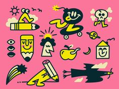 an image of various cartoon characters on a pink background with black and yellow accents, including pencils