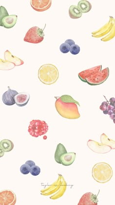 watercolor fruit pattern on white background with blueberries, oranges, and bananas