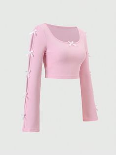 Short Sleeve T-Shirt With Pink Bow Decoration On Sleeve And Round Neckline Pink Casual  Long Sleeve Knitted Fabric Plain  Slight Stretch  Women Clothing, size features are:Bust: ,Length: ,Sleeve Length: Pink Bow Top, Light Pink Top, Pink Clothing, Coquette Shirt, Pink Y2k Top, Light Pink Tops, Fashion Cap, Lululemon Outfits, Bow Shirts