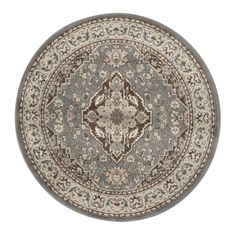 a round rug with an ornate design in grey and beige colors on a white background