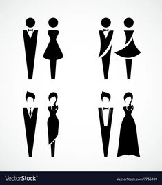 four different silhouettes of people in tuxedo and dress clothes, one is wearing a