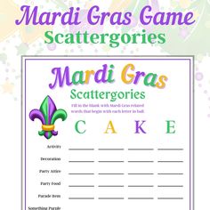 mardi gras game with the words cake on it and an image of a mardi