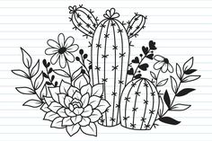 a cactus with flowers and leaves on a lined notebook page, in the style of doodle