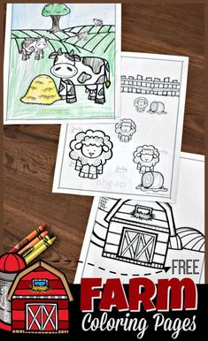 farm coloring pages for kids to color and print on the table with text overlay