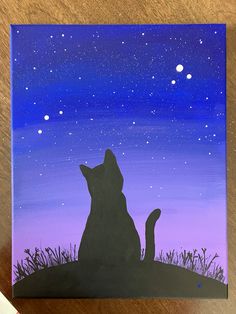 a painting of a cat looking up at the stars