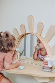 Introducing our 'Sunshine' Wall-Mounted Kids Table - a space-saving solution designed to brighten up your child's play area! ☀️ This charming set provides a dedicated space for creativity and learning while keeping the floor free for play. The accompanying toddler-sized chair ensures comfort and ergonomic support. Transform any room into a vibrant learning hub with this delightful table and chair set! 🎨📚 #KidsFurniture #ToddlerTable #SpaceSavingSolution Montessori Mirror, Wooden Height Chart, Montessori Bookshelf, Childcare Ideas, Preschool Rooms, Kids Mirrors, Yellow Mirrors, Wall Mounted Table, Montessori Method