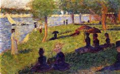 a painting of people sitting on the grass near water