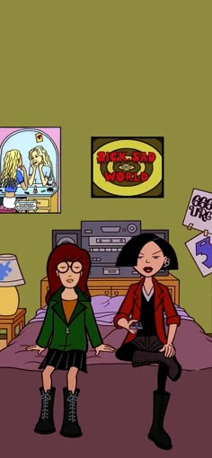 two cartoon characters sitting on a bed in a room with posters and signs above them