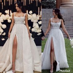 two pictures of the same woman in different wedding gowns, one is wearing a high slit