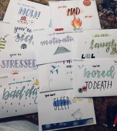 six handmade greeting cards with different phrases