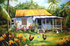 a painting of chickens in front of a house