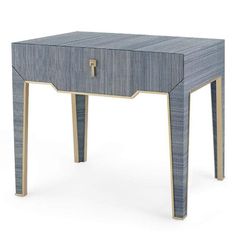 a wooden table with an open drawer on it's side, and the legs are made out of wood