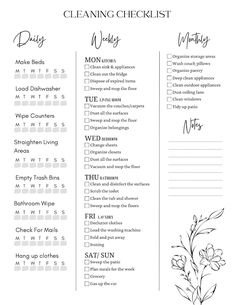 the cleaning checklist is shown with flowers and plants in black ink on a white background