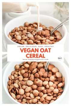 vegan oat cereal is being poured into a bowl with the words vegan oat cereal