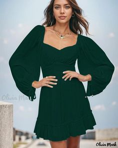 OliviaMark - Classically Elegant V-Neck Long Sleeve Maxi Dress with Belted Waist and Ruffle Hem Long Sleeve High Neck Dress, Drawstring Dresses, Long Sleeve Print Dress, High Neck Long Sleeve, Long Sleeve Maxi, Basic Outfits, Lantern Sleeve, Types Of Skirts, Collar Dress