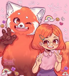 a girl and a fox are standing next to each other